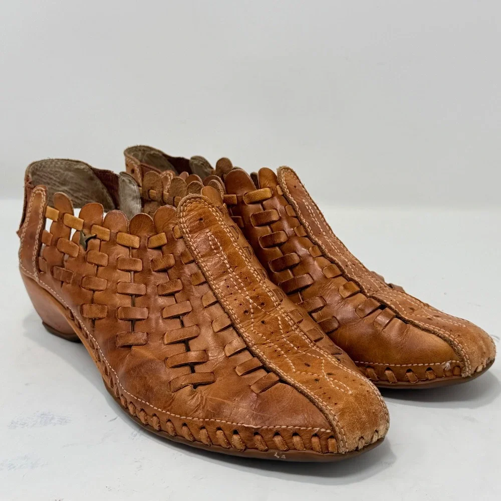 Pikolinos Woven Leather Slingback Wedge Shoes Tan Artisan Handcrafted EU 37